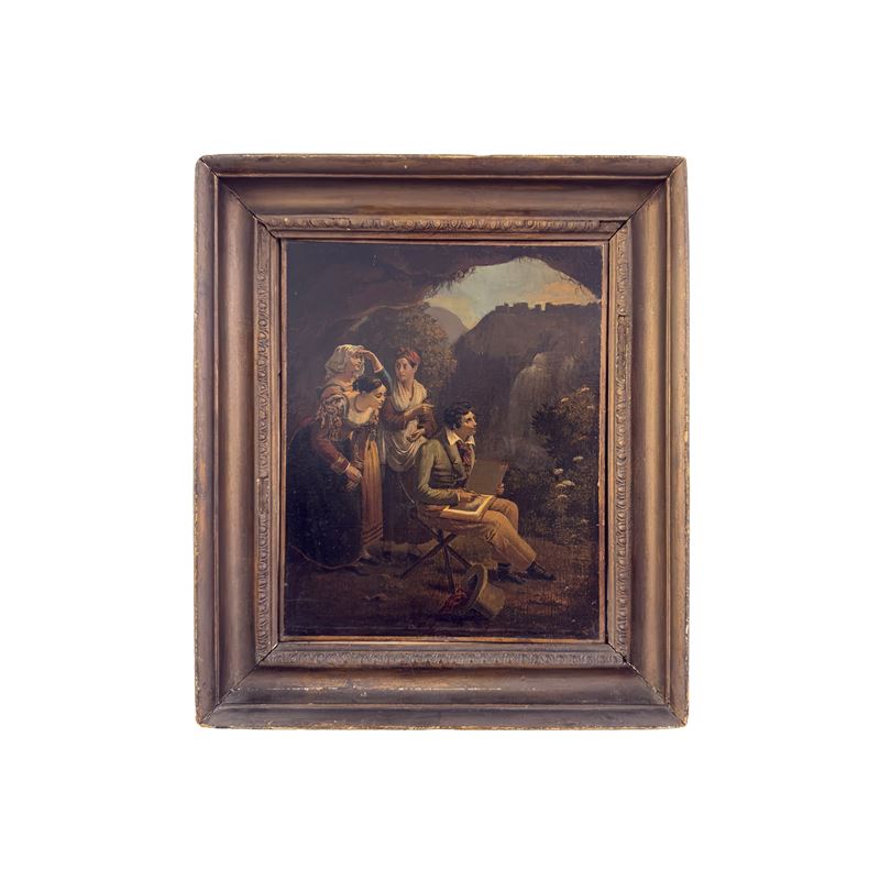 Pittore lombardo del XIX secolo, Paesaggio con cascate di Tivoli, olio su tela