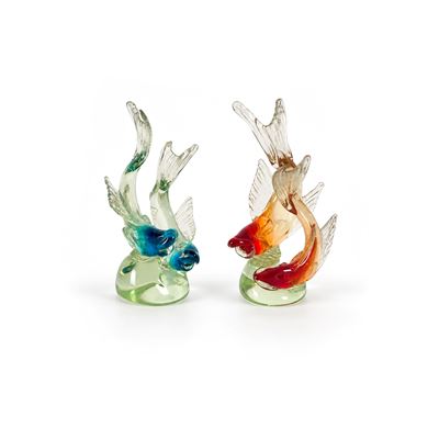 Vetro di Murano, Pesci sull’onda: due gruppi in vetro incolore e policromo (blu, rosso e arancion...
