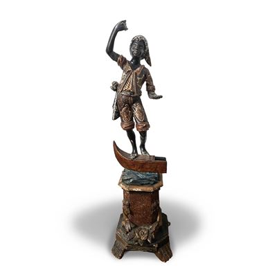 Moretto gondoliere, scultura lignea ebanizzata e policroma con base ottagonale, Venezia XIX secol...