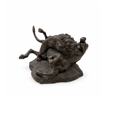 Augusto Rivalta, Gruppo scultoreo a fusione in bronzo patinato raffigurante leone e cavallo (1900...