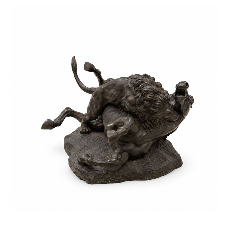 Augusto Rivalta, Gruppo scultoreo a fusione in bronzo patinato raffigurante leone e cavallo (1900...