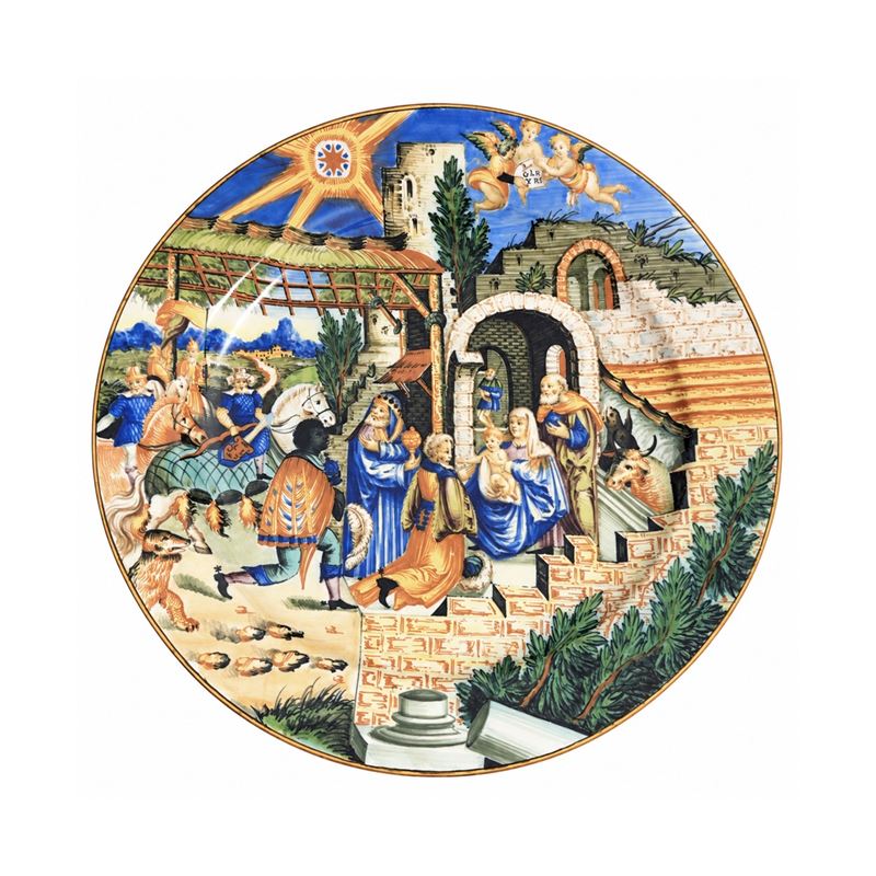 Grande Piatto Istoriato in Maiolica Policroma, Pesaro, Molaroni, Fine del XIX-inizi del XX Secolo