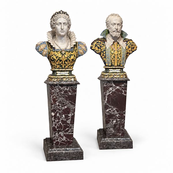 Coppia di grandi busti in maiolica bianca e policroma, Manifattura Minghetti, inizi del XX secolo