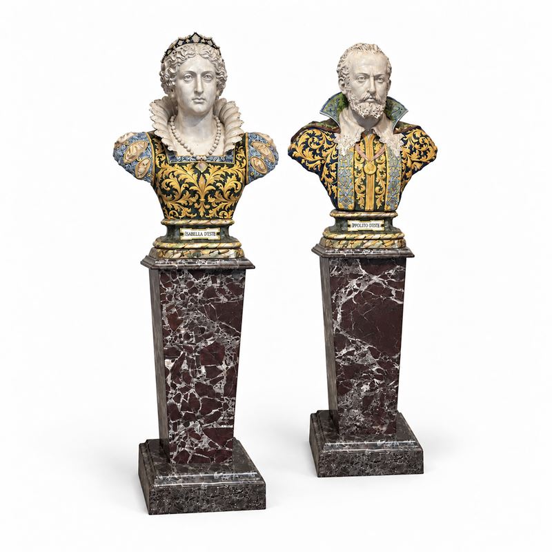 Coppia di Grandi Busti in Maiolica Bianca e Policroma, Manifattura Minghetti, Inizi del XX Secolo
