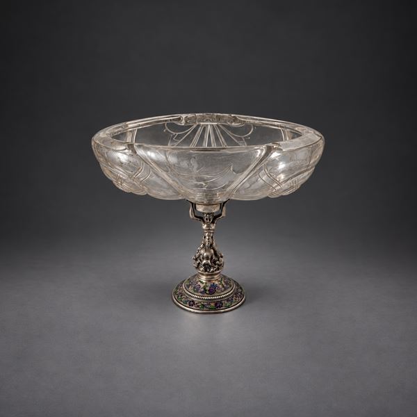 Elegante alzata in argento e cristallo di rocca, Germania, XIX secolo