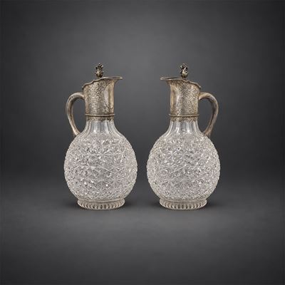 Coppia di Caraffe in Cristallo alla Ruota e Argento Sterling, Londra, 1888, Woodward&taylor
