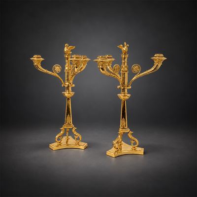 Coppia di Candelabri a Tre Luci in Argento Dorato, Germania, XIX Secolo