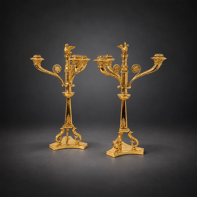 Coppia di Candelabri a Tre Luci in Argento Dorato, Germania, XIX Secolo