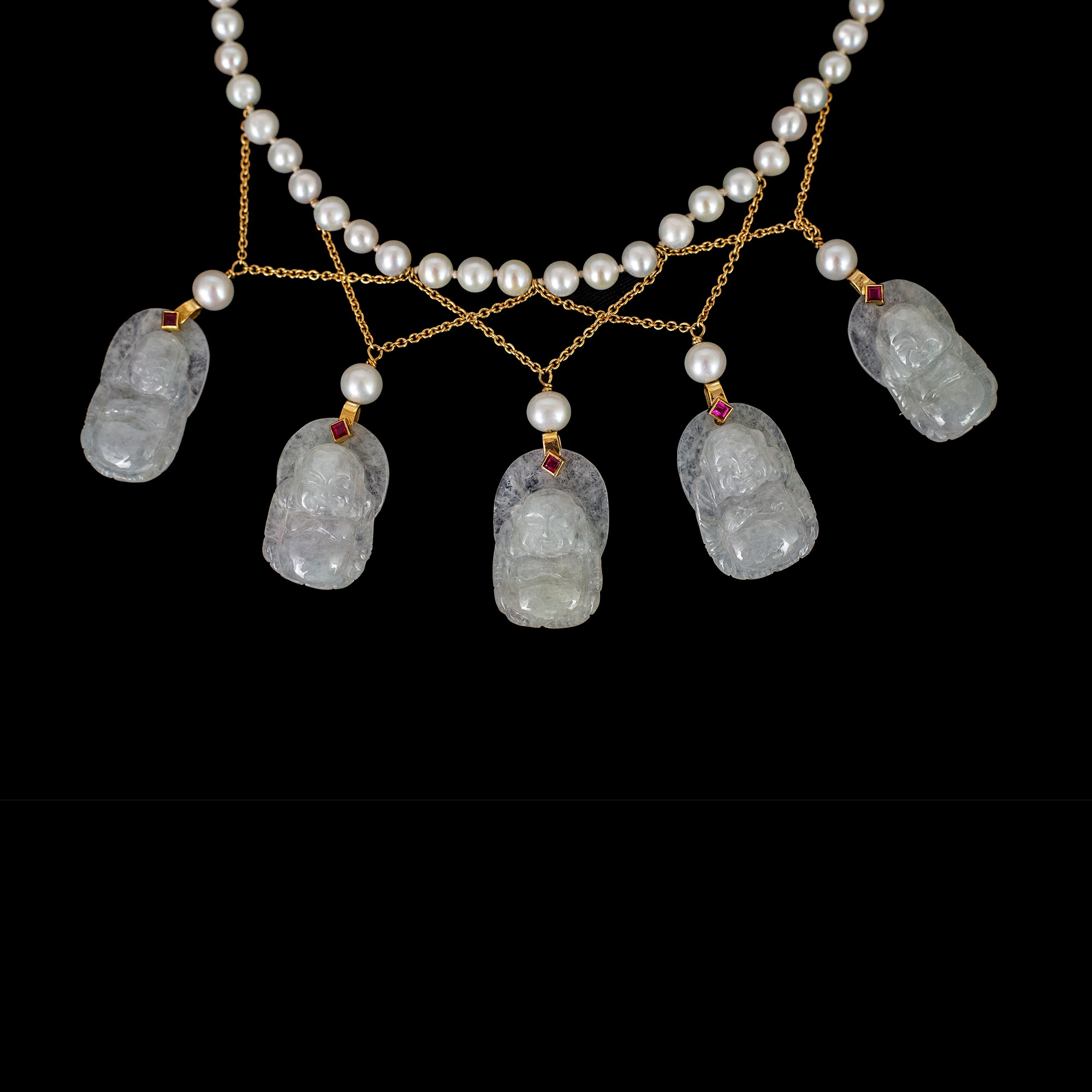 Demi-parure Composta da Collana e Paio di Orecchini con Perle Giapponesi e Giada