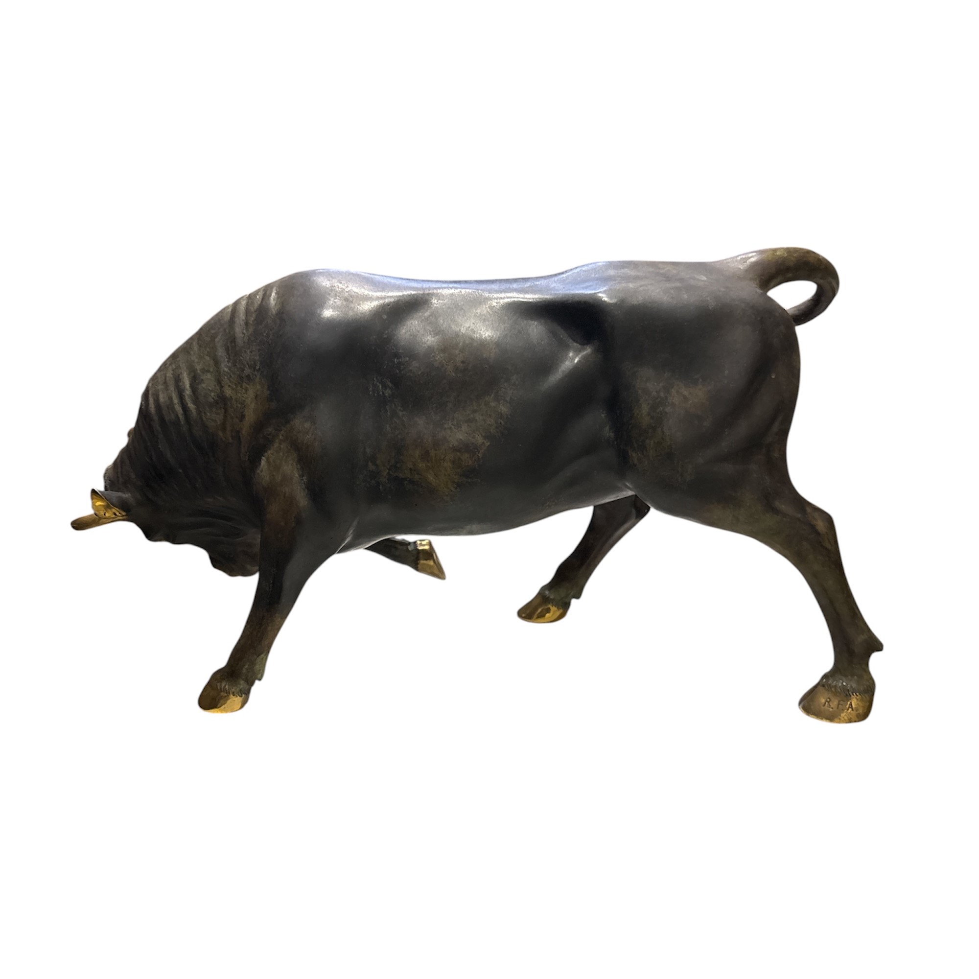 Figura di Toro in Bronzo a Patina Verde a Fuoco e Finiture Spazzolate