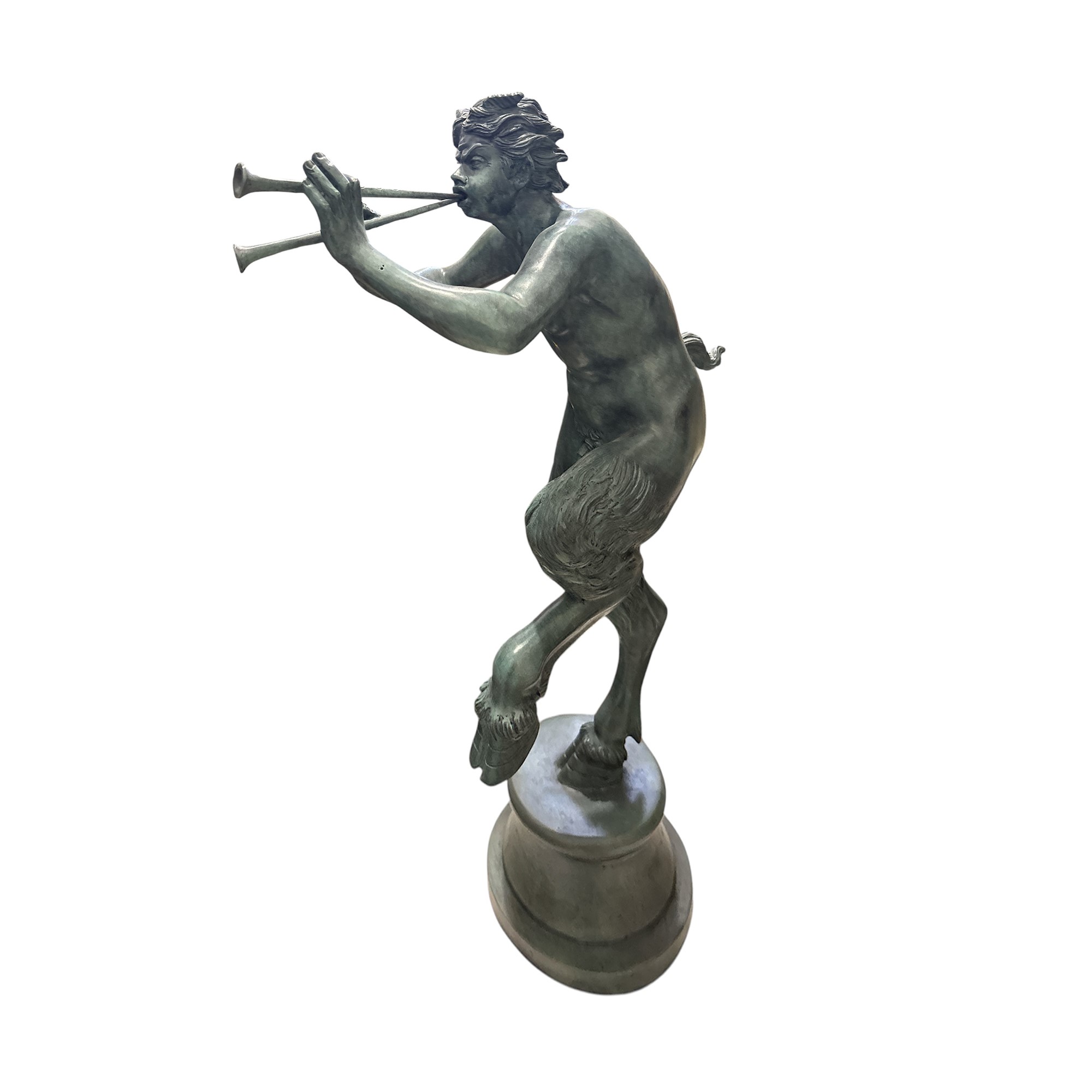 Fauno Danzante che Suona un Flauto Doppio, Scultura di Bronzo Patinato a Fuoco Verde Pompeiano