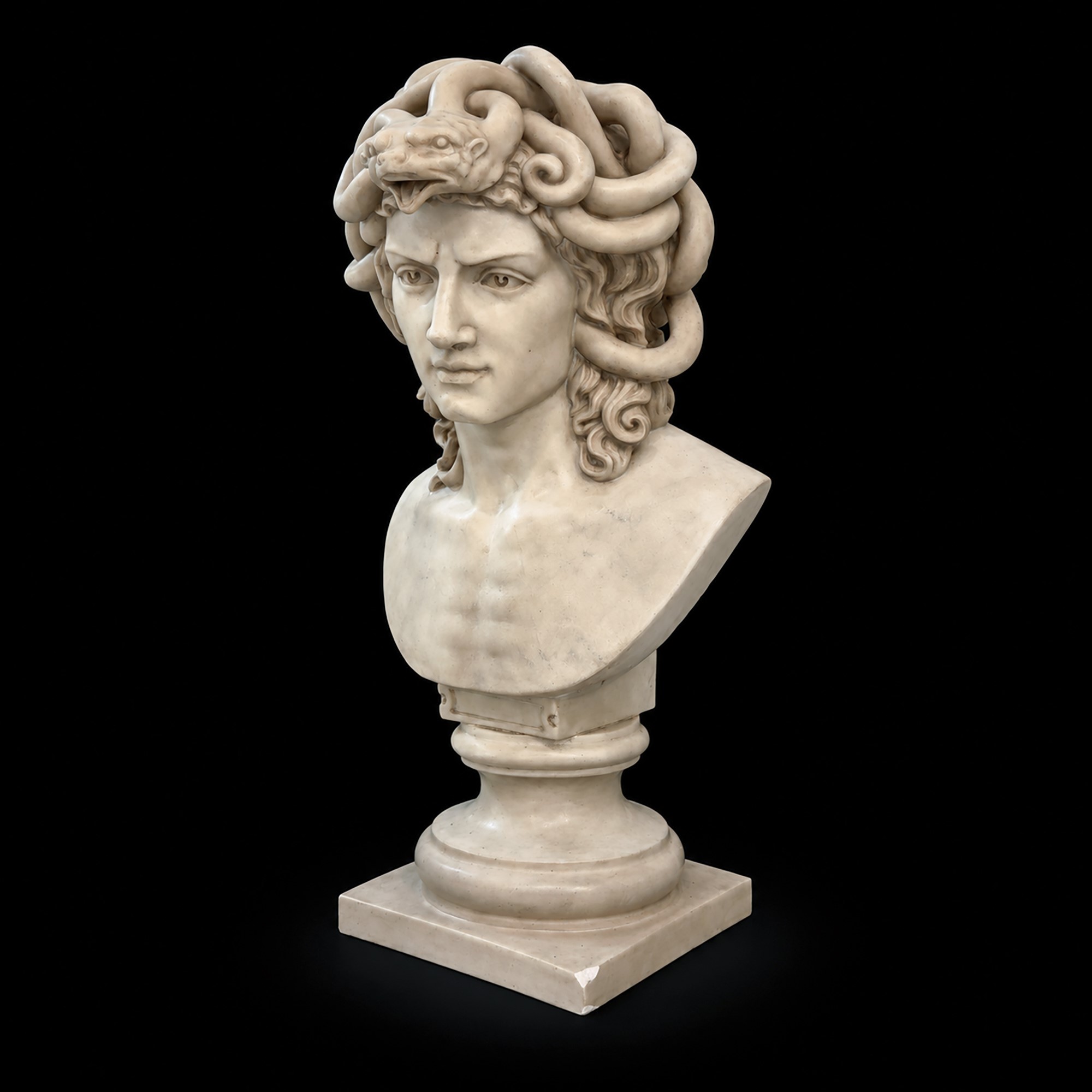 Testa di Giovane Uomo Come Medusa, Scultura in Marmo Bianco