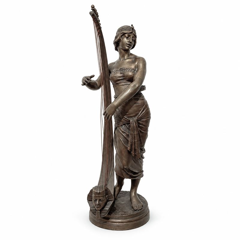Suonatrice D'arpa, Scultura in Bronzo Patinato