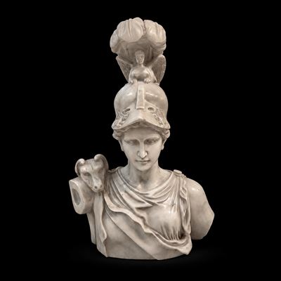 Busto di Achille con Elmo Piumato in Marmo Bianco