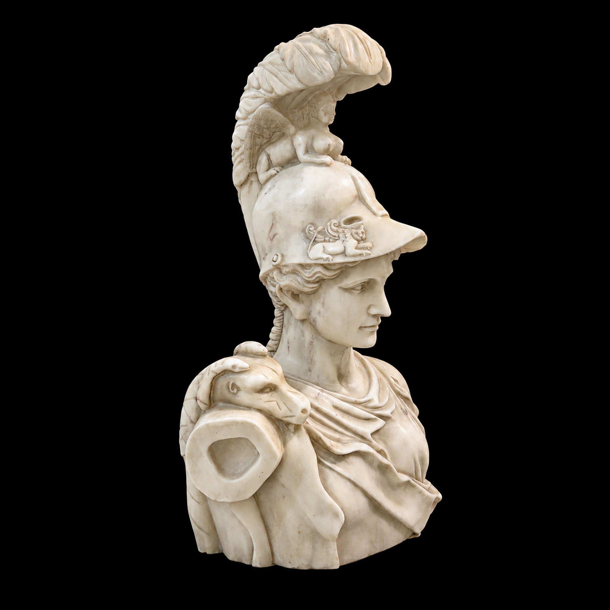 Busto di Achille con Elmo Piumato in Marmo Bianco