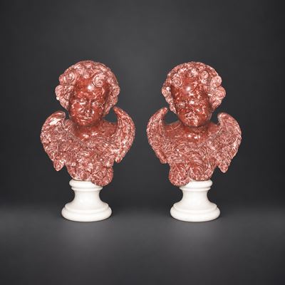 Due Teste di Cherubino in Marmo Rosso in Stile Barocco