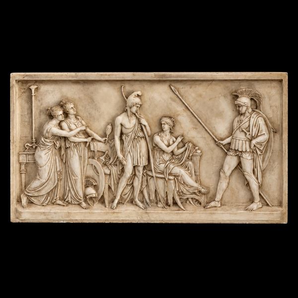 Ettore con Paride ed Elena, pannello rettangolare in marmo bianco