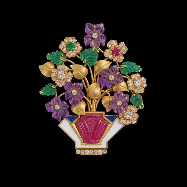 Elegante spilla in oro giallo 18kt. finemente cesellata a vaso di fiori